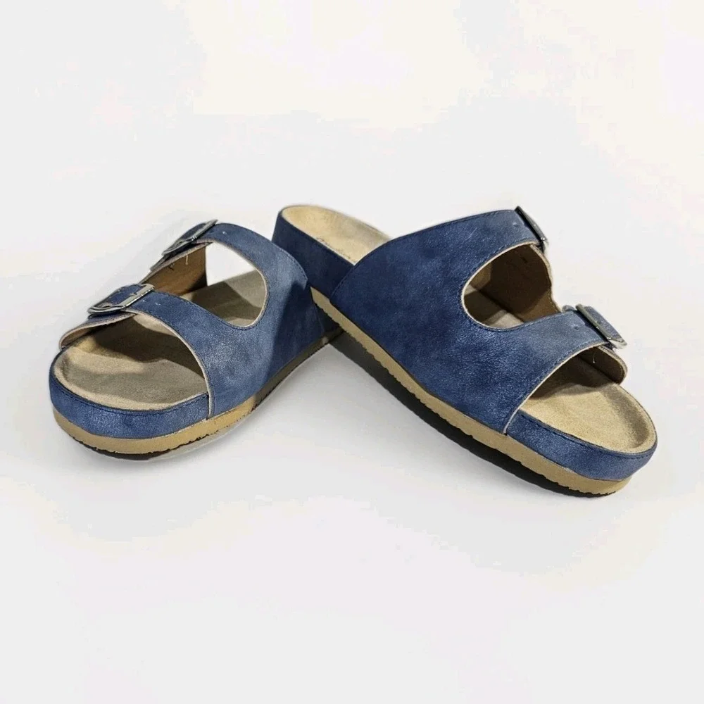 Comfortview‎ Slide Sandals Womens 8w Blue Double Strap Adjustable Buckle Flat